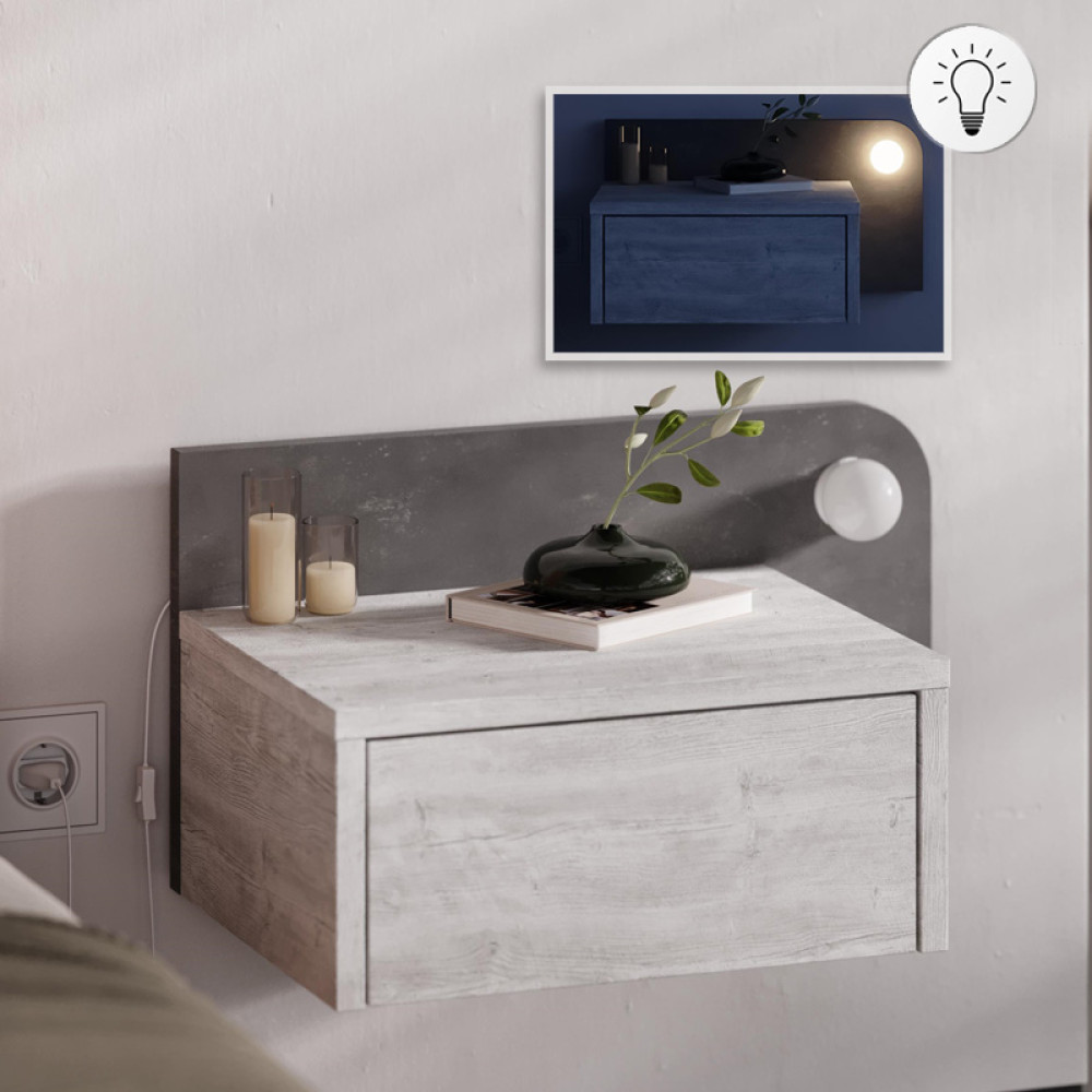 GP037-02811-0 Κομοδίνο επιτοίχιο Dotta Megapap με LED χρώμα λευκό αντικέ - γκρι ρετρό 52x33,6x28εκ. - Image 1